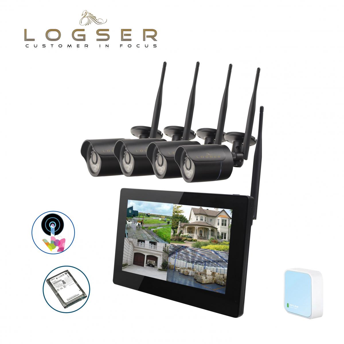 LOGSER AG - 9 Zoll Full-Touch inkl. Wifi Adapter, Funk Videoüberwachung HD 720p Echtzeit, 500GB SATA Festplatte, 4x Nachtsicht Kamera
