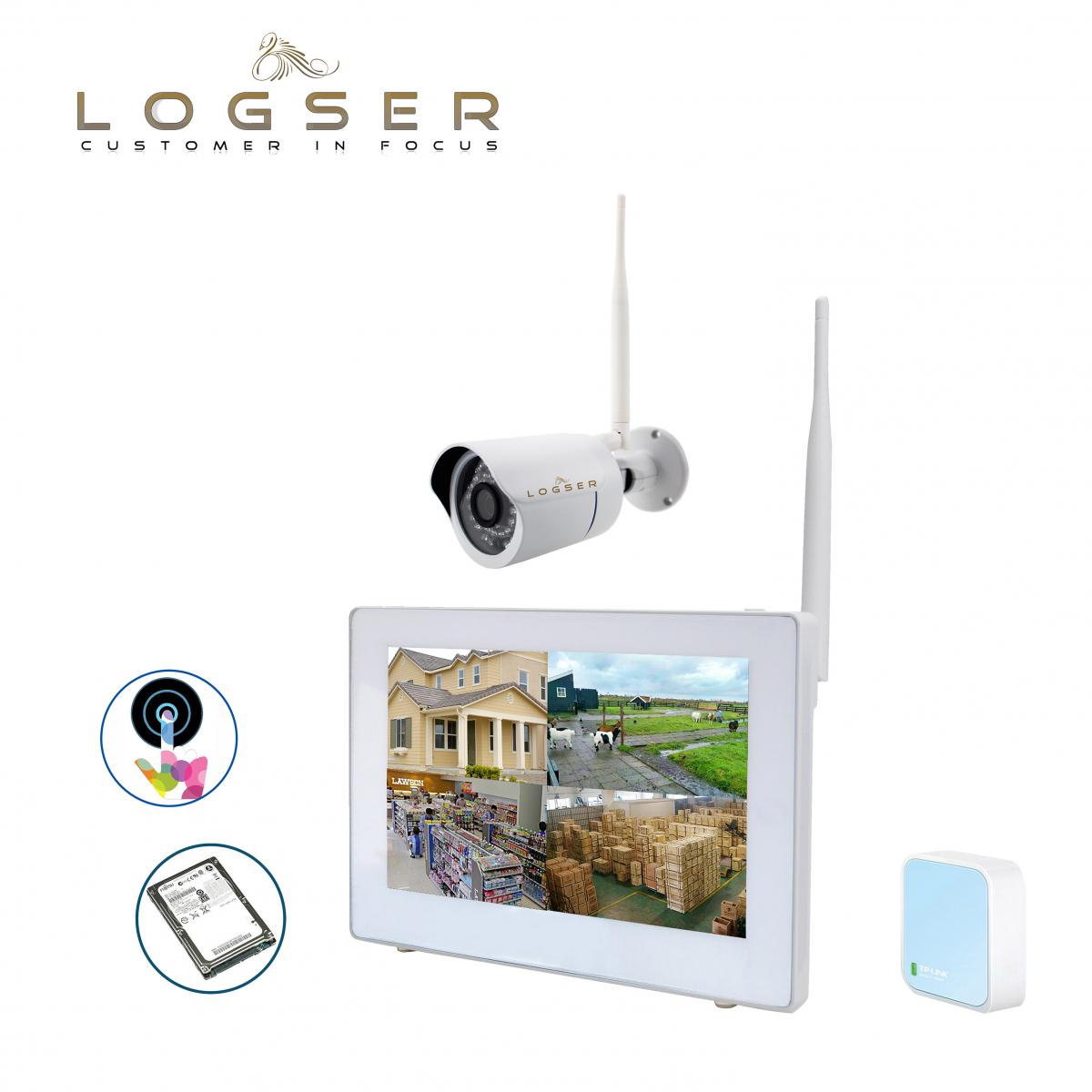 LOGSER AG - 9 Zoll Full-Touch inkl. Wifi Adapter, Funk Videoüberwachung HD 720p Echtzeit, 500GB SATA Festplatte, 1x Nachtsicht Kamera     