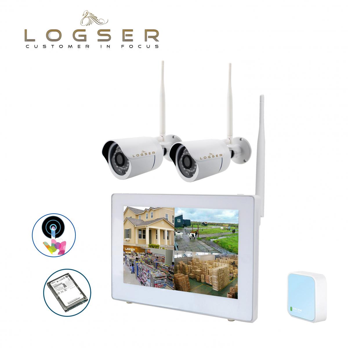 LOGSER AG - 9 Zoll Full-Touch inkl. Wifi Adapter, Funk Videoüberwachung HD 720p Echtzeit, 500GB SATA Festplatte, 2x Nachtsicht Kamera     