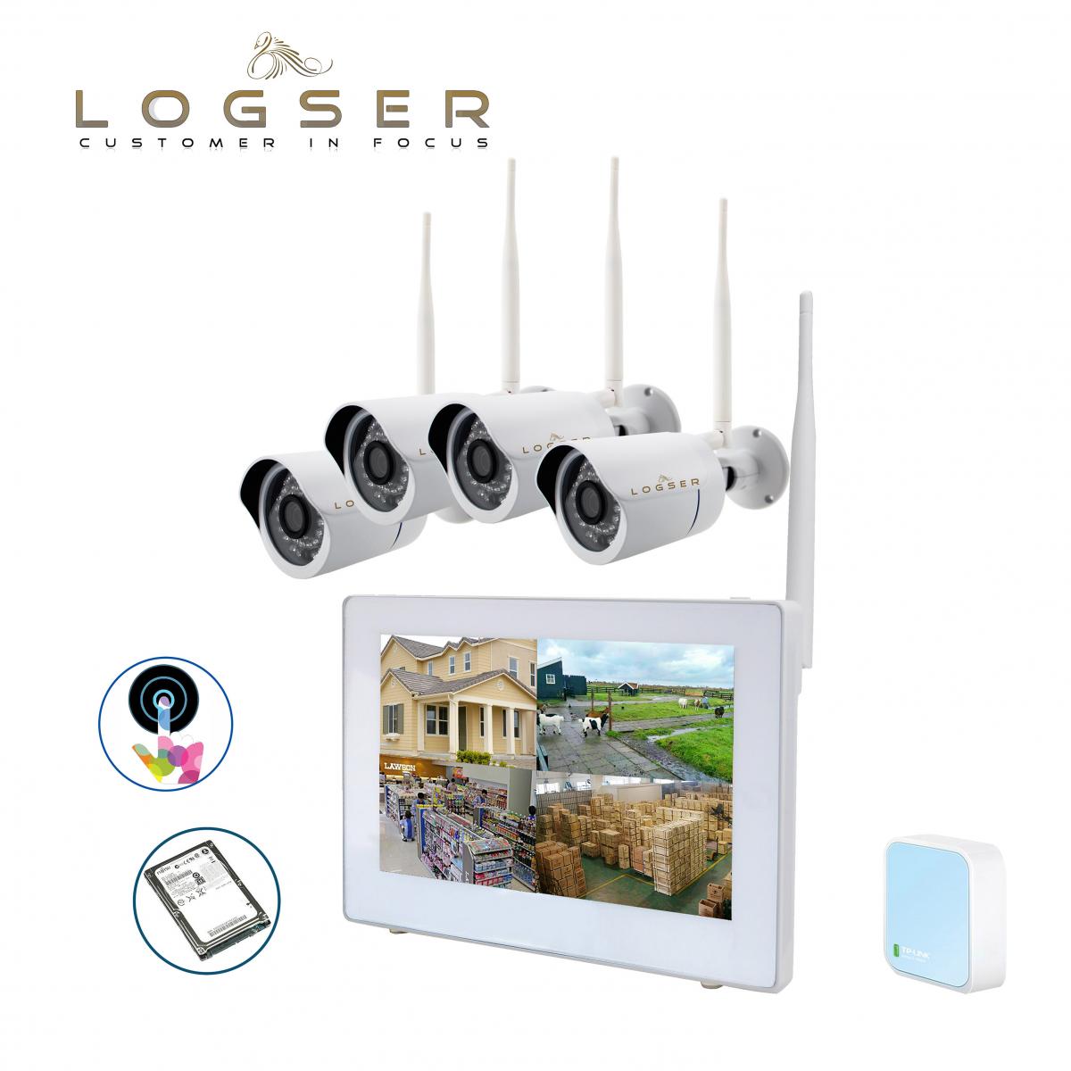 LOGSER AG - 9 Zoll Full-Touch inkl. Wifi Adapter, Funk Videoüberwachung HD 720p Echtzeit, 500GB SATA Festplatte, 4x Nachtsicht Kamera